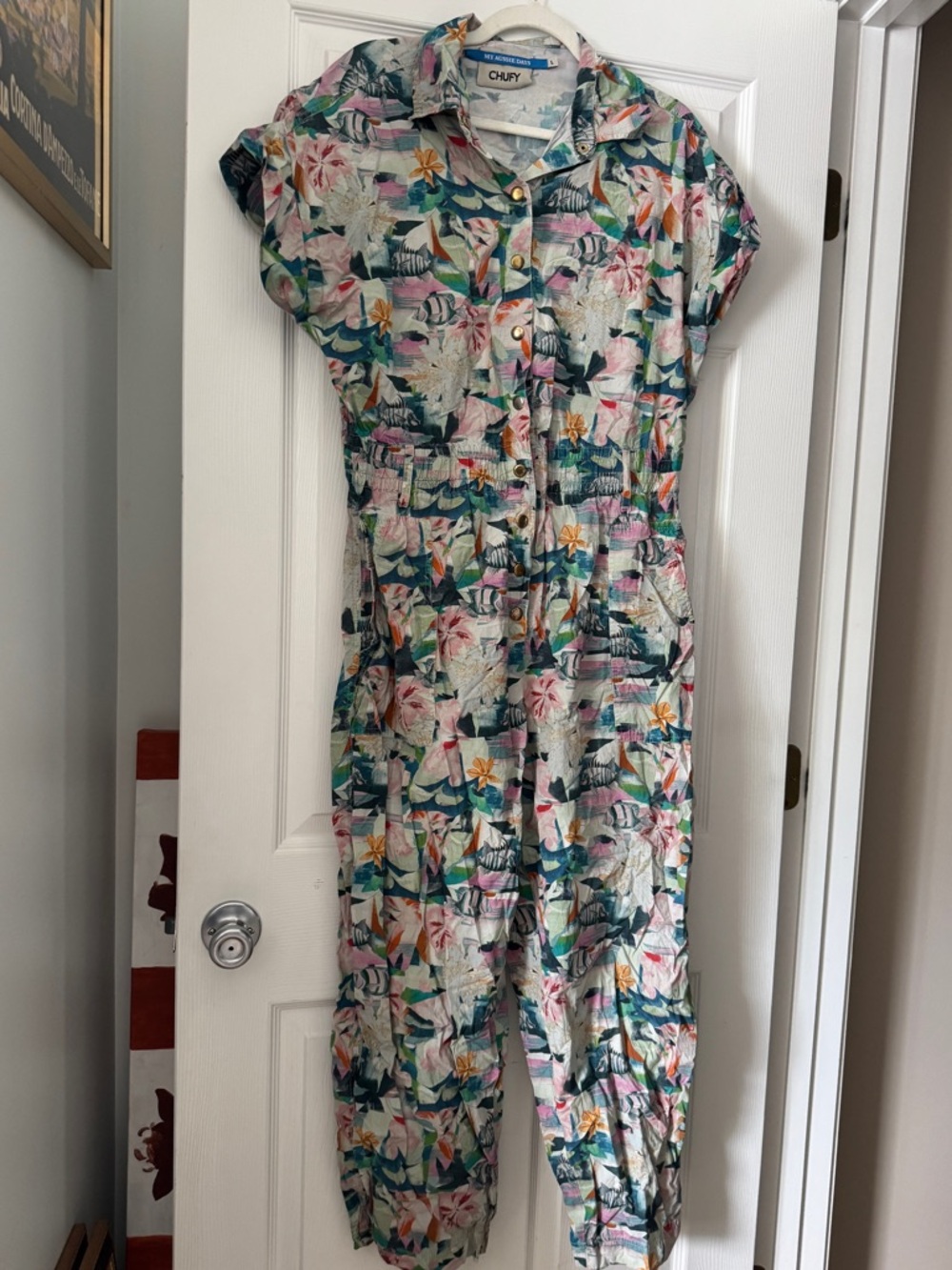 Multicolor Tropical Fish Print Button-Front Jumpsuit